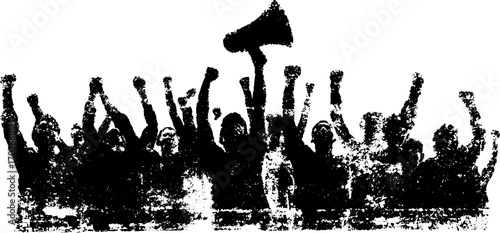 Powerful black ink silhouette of protesters with raised fists and megaphone symbolizing unity and resistance