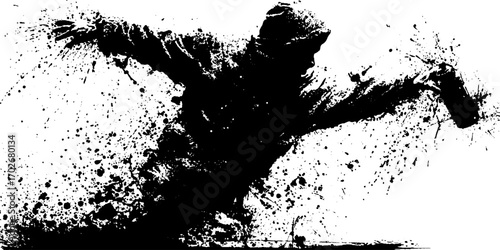 Dynamic black ink silhouette of protester throwing molotov in urban grunge style