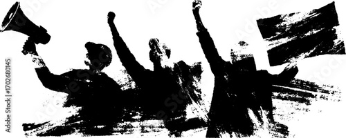 Black ink silhouette of protest riot with raised fists and flags for activism and unity design