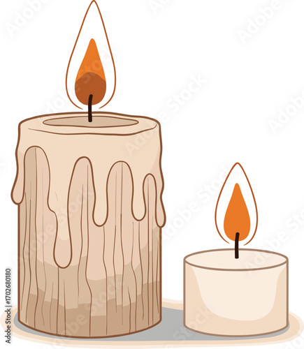 Two lit candles with rustic and modern designs, flame detail clipart, cozy ambiance icon, vector illustration, isolated, cad drawing flat vector illustration