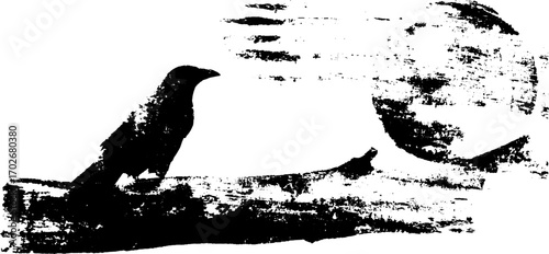 Black ink silhouette of raven perching on branch with grunge texture for urban art design