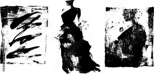 Abstract black ink silhouette art with textured collage and raw edges
