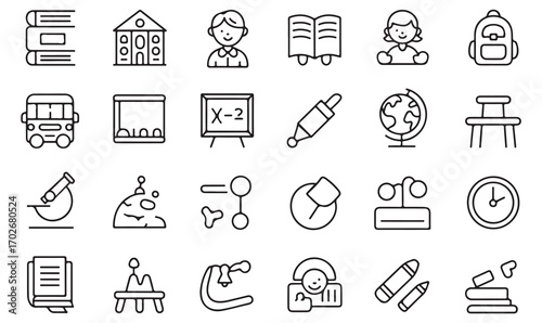Vector line icon set of school life, study tools, transportation, classroom, and academic subjects for modern education designs