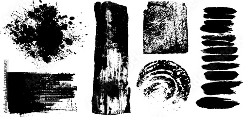 Abstract black ink silhouette collage art with textured brush strokes and raw grunge elements