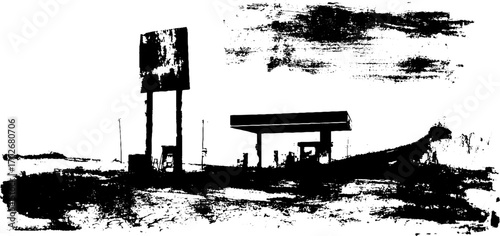 Black ink silhouette of abandoned gas station in urban grunge style for artistic design