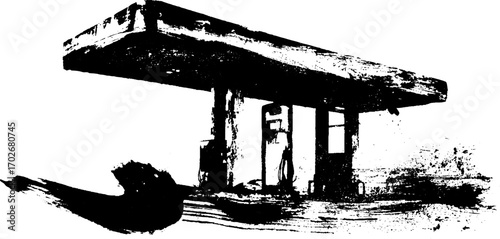 Grunge black ink silhouette of ruined gas station