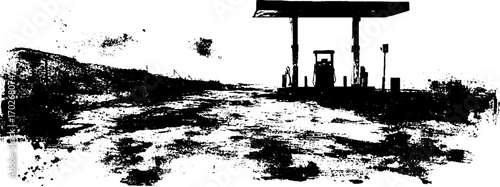 Abandoned gas station silhouette in black ink depicting urban decay