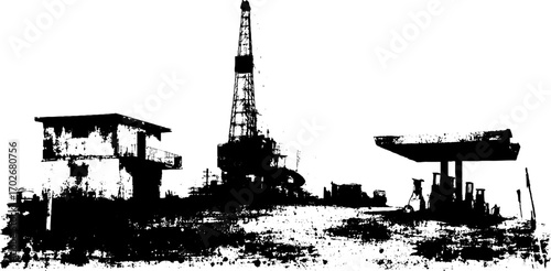 Black ink silhouette of ruined gas station scene for urban art design