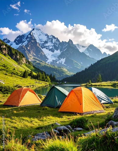 Scenic alpine campsite by a lake