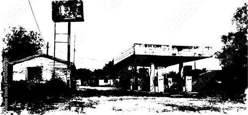 Eerie black ink silhouette of abandoned gas station in urban decay scene