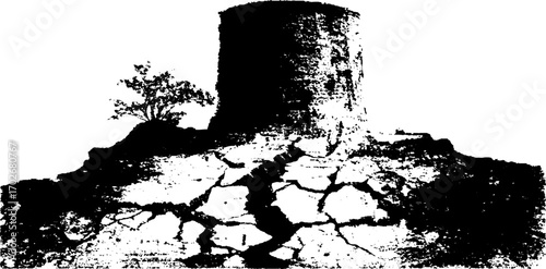Black ink silhouette of ruined tower with cracks and tree
