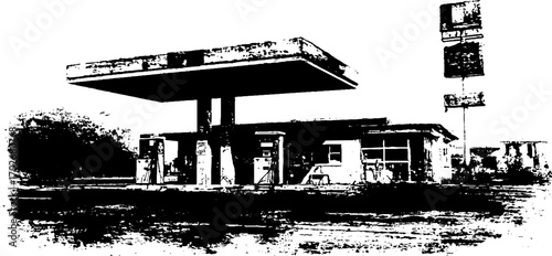 Black ink silhouette of abandoned gas station capturing urban decay and grunge art style