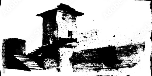 Black ink silhouette of ruined tower with cracks - urban grunge art for design and print