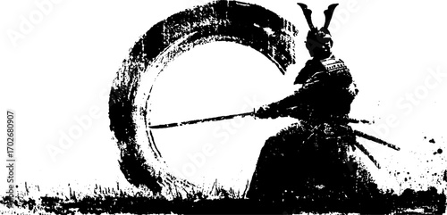 Dramatic black ink samurai silhouette with katana in action pose