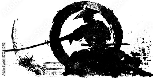 Black ink silhouette of samurai with katana in dynamic pose for asian cultural art design