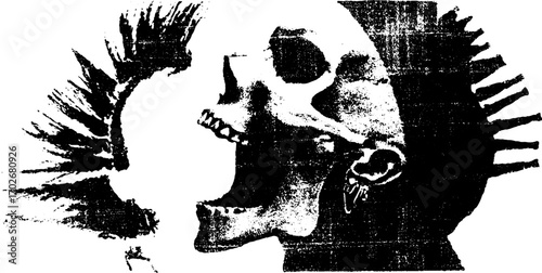 Black ink silhouette of screaming punk skull with mohawk for urban art designs