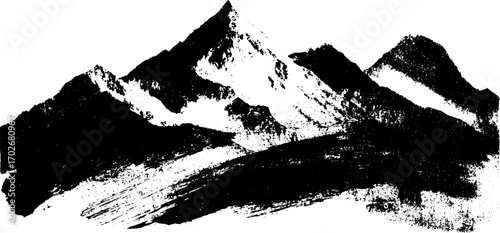 Black ink silhouette of sharp mountain peaks in grunge style for graphic design