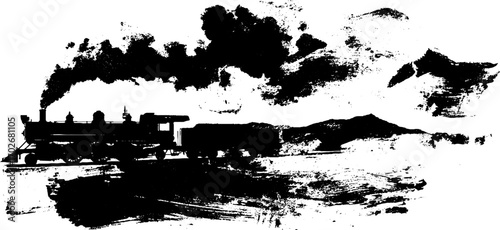 Vintage steam locomotive silhouette with smoke and grunge texture for retro design