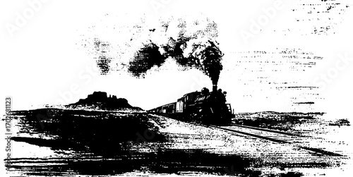 Vintage steam locomotive silhouette with dramatic black ink splatter for retro design