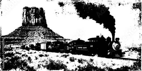 Vintage steam locomotive silhouette with monument valley backdrop in black ink style