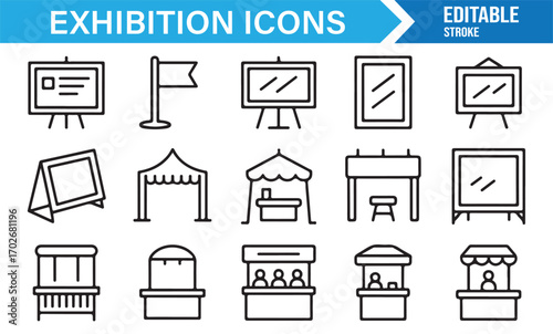 Marketing and exhibition vector icons with kiosks, stands, booths, tents, and counters in outline