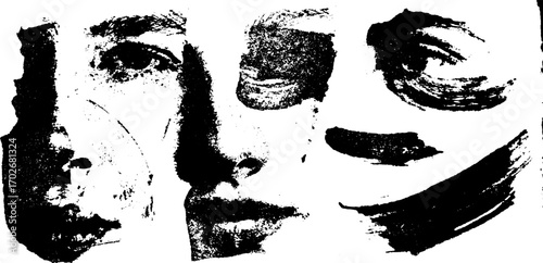Surreal collage of abstract portraits in black ink silhouette