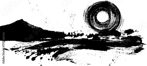 Surreal psychedelic landscape with black ink silhouette and abstract sun