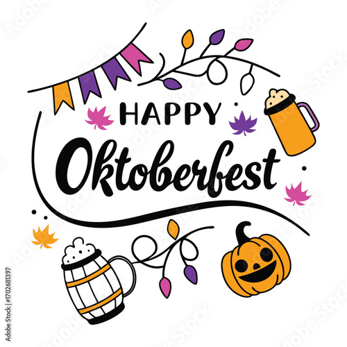 Happy Oktoberfest celebration with beer mugs pumpkin and festive bunting
