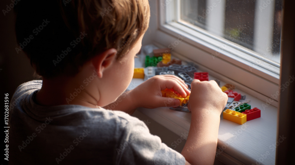 Fototapeta premium A young child assembling colorful Lego blocks on a sunny windowsill