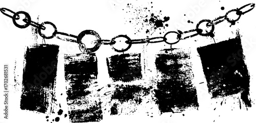 Black ink silhouette of torn banner with hanging chains - grunge urban art design