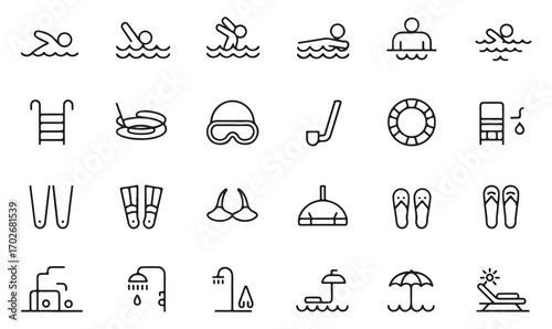Set of clean line icons showing water sports, pool equipment, summer holiday activities, and relaxation elements in outline style