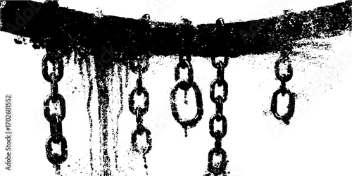 Grunge black ink silhouette of torn banner with hanging chains for urban art designs