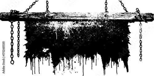 Grunge black ink silhouette of hanging torn banner with chains for urban art design