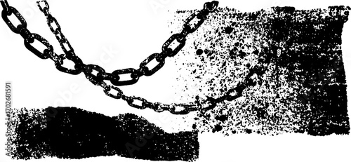 Black ink silhouette of torn banner with hanging chains in urban graffiti style