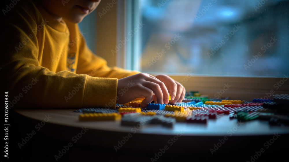 Obraz premium A child in a yellow sweater assembling colorful lego bricks by the window