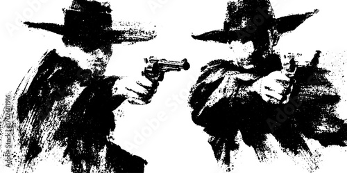 Dramatic black ink silhouette of cowboys in duel stance for western art design