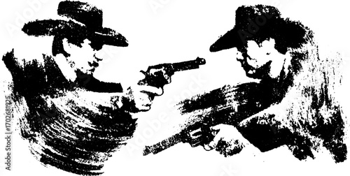 Dramatic ink silhouette of cowboys in duel standoff for western art design