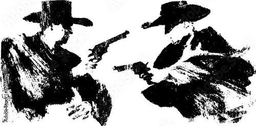Dramatic duel silhouette of cowboys in black ink for western design