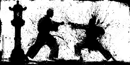 Dynamic silhouette of martial arts duel in black ink with splatter effect