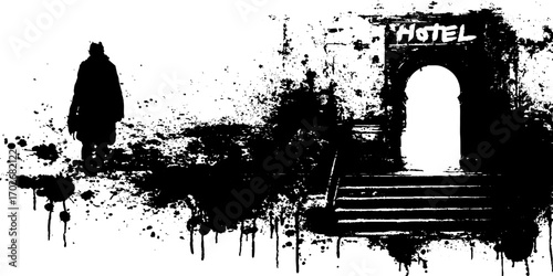 Urban grunge art of silhouette with vintage hotel entrance