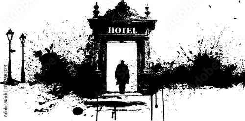 Black ink silhouette of vintage hotel entrance with human figure and ink splatter
