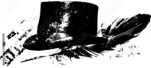 Vintage silhouette of top hat with feather on distressed paper background