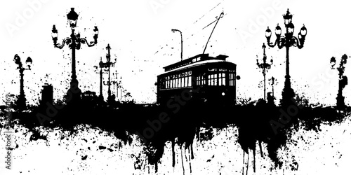 Vintage streetcar silhouette in fog with black ink splatter design for urban art