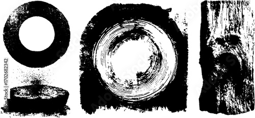 Abstract black ink silhouettes and rough textured banners for artistic design