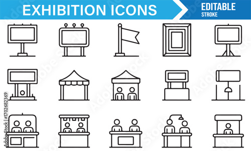 Editable stroke icons of fair tents, shop kiosks, counters, and event signage in outline style