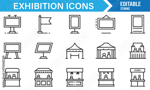 Linear icons of exhibition booths, kiosks, stands, tents, and marketing displays for expo or trade show design