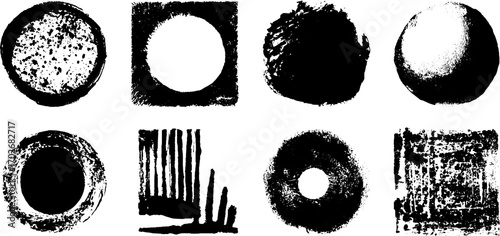 Abstract black ink silhouettes set featuring grunge circles and textured backgrounds
