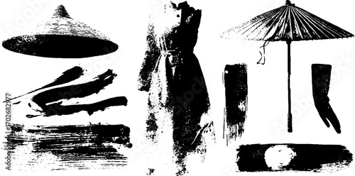 Black ink silhouette of fashion accessories with hat and gloves for urban design