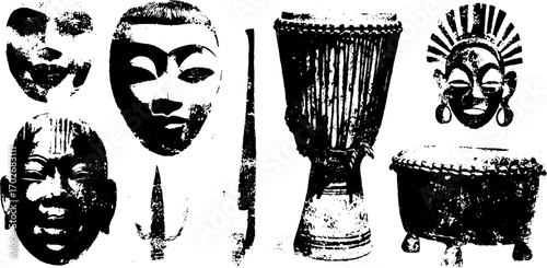Traditional african culture masks and drums silhouette set for decorative design