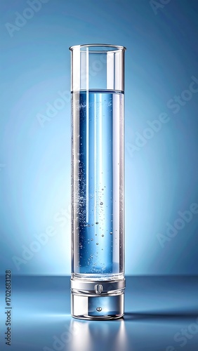 Clear glass cylinder, filled with light-blue liquid, on a blue background